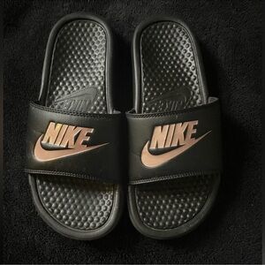Nike Black Slides with Gold Logo EUC